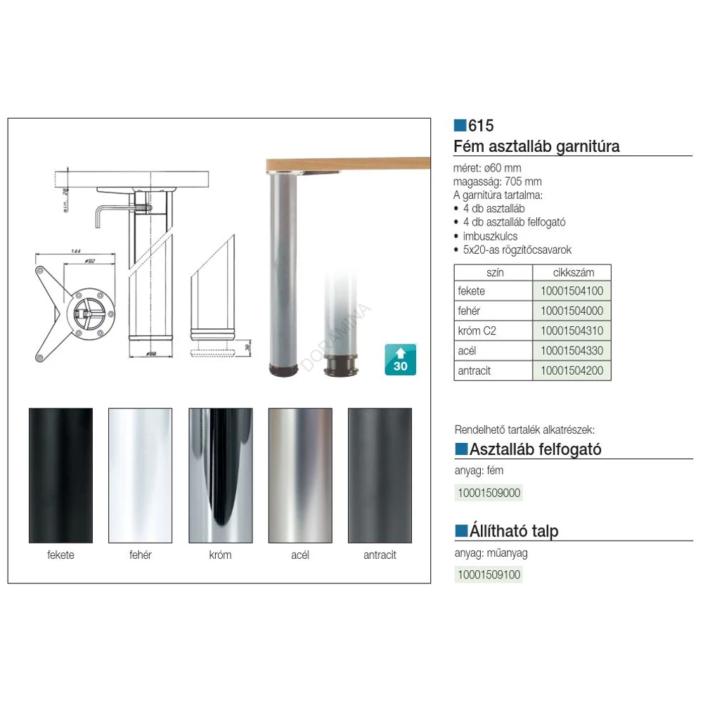Kép 3/3 - ASZTALLÁB 61570ST04 RN IP 705mm ÁTM: 60mm áll.+30mm ACÉL 4 db-os garnitúra