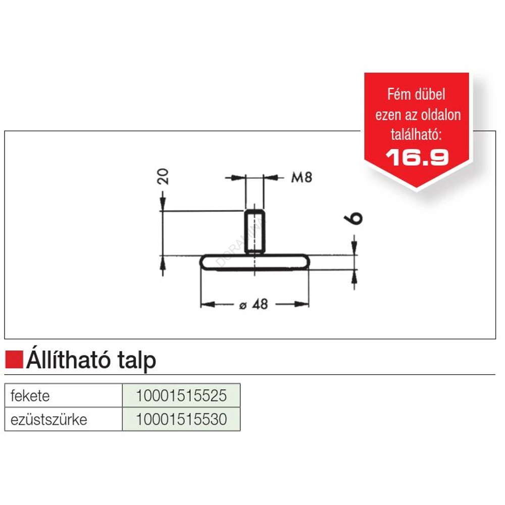 Kép 2/2 - TÁVTARTÓS POLCRENDSZER 535 P0 02 P8 10 ÁLLITHATÓ TALP M8x20mm  Átm:48x6mm FEKETE