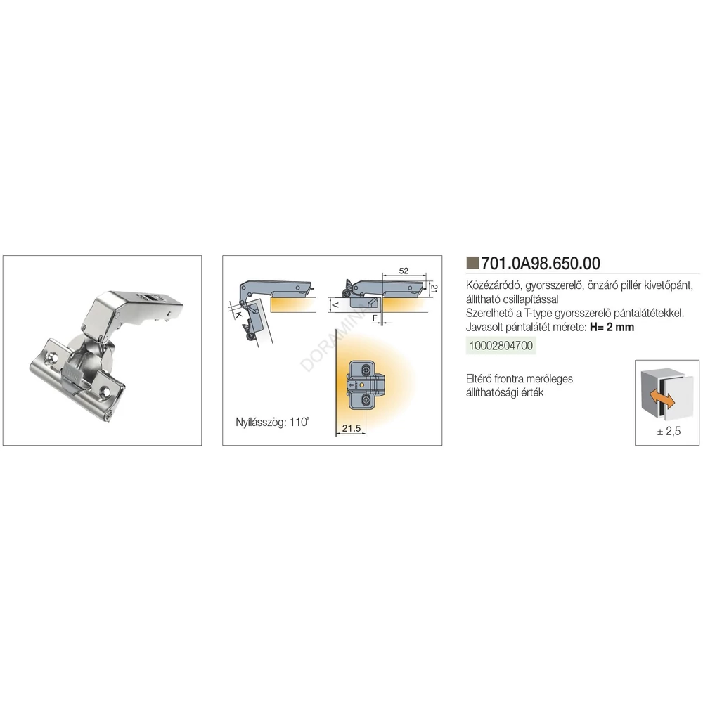 Kép 3/4 - BÚTORPÁNT TITUS 701.0A98.650.00 T-TYPE KLIPPES PILLÉRPÁNT GLISSANDO KÖZÉZÁRÓDÓ NIKKEL