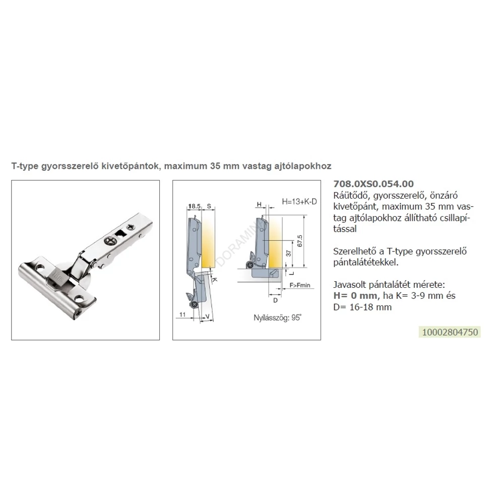 Kép 2/3 - BÚTORPÁNT TITUS 708.0XS0.054.00 T-TYPE GLISSANDO RÁÜTŐDŐ MAX. 35MM-ES AJTÓHOZ NIKKEL