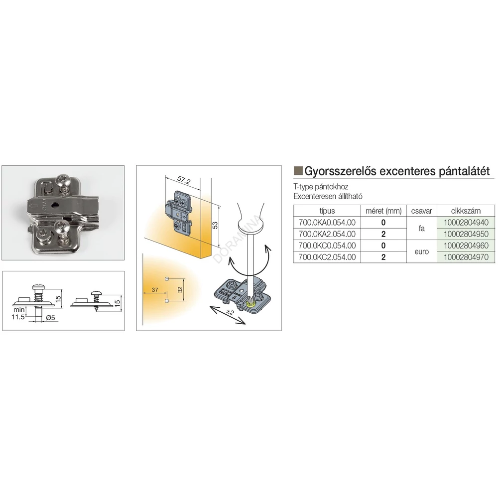 Kép 3/3 - PÁNTALÁTÉT TITUS 700.0KA0.054 T-TYPE EXCENTERES, 0 mm FACSAVARRAL NIKKEL