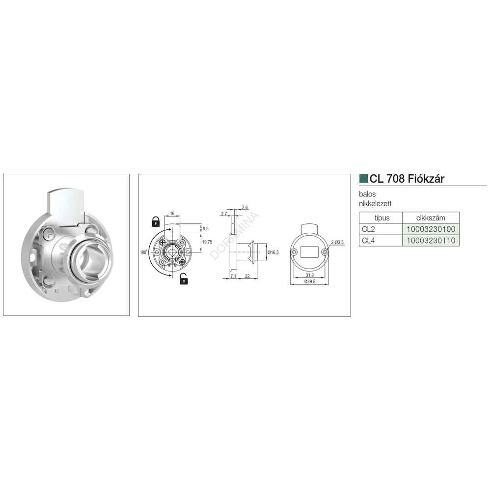 Kép 2/4 - CL BÚTORZÁR 708-CL2 FIÓKZÁR D=39,4mm NIKKEL