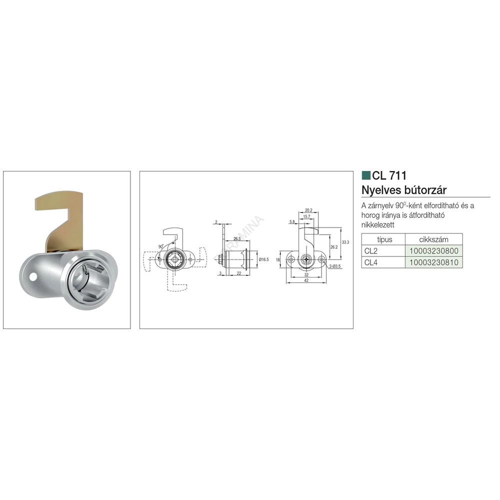 Kép 2/4 - CL BÚTORZÁR 711-CL2 NYELVES BÚTORZÁR 18x42mm NIKKEL