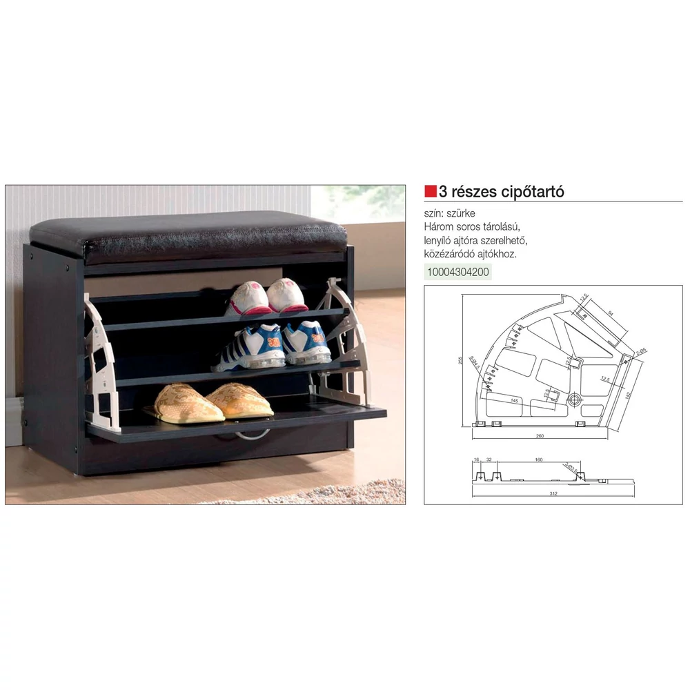 Kép 2/2 - CIPŐTARTÓ 3-RÉSZES 260x255mm SZÜRKE