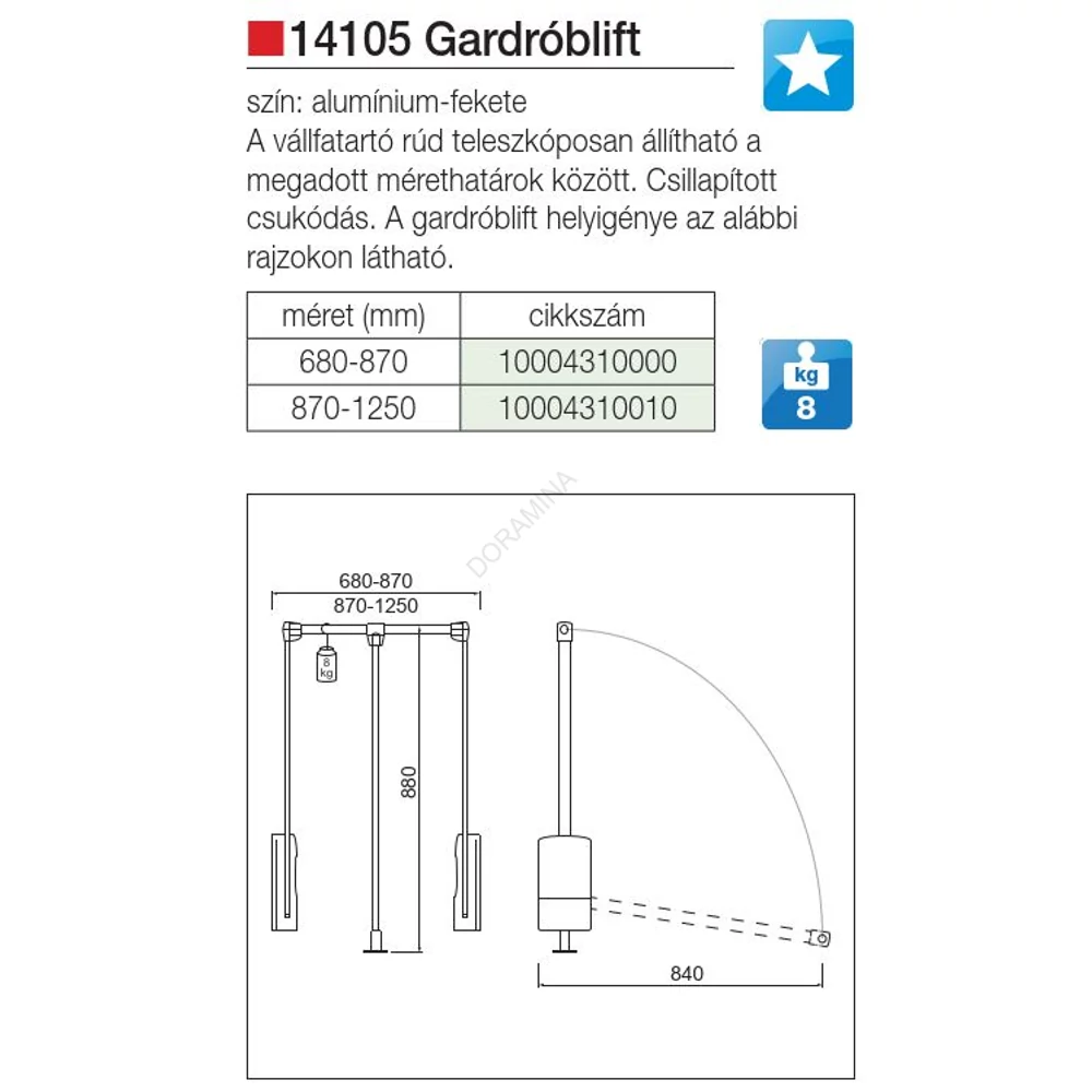 Kép 2/2 - GARDRÓBLIFT 14105.003 870-1250 mm KRÓM-FEKETE 8 kg teerbírással