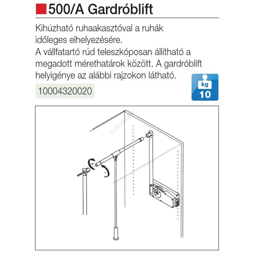 Kép 2/2 - GARDRÓBLIFT 500/A 750-1150 mm, 10kg teherbírású ALUMÍNIUM ruhalift