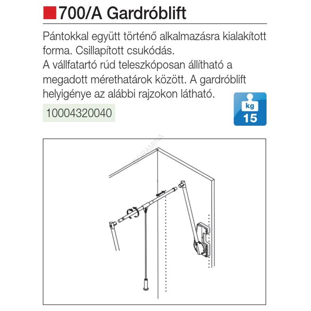 Kép 2/2 - GARDRÓBLIFT 700/A 750-1150 mm, 15kg teherbírású ALUMÍNIUM ruhalift