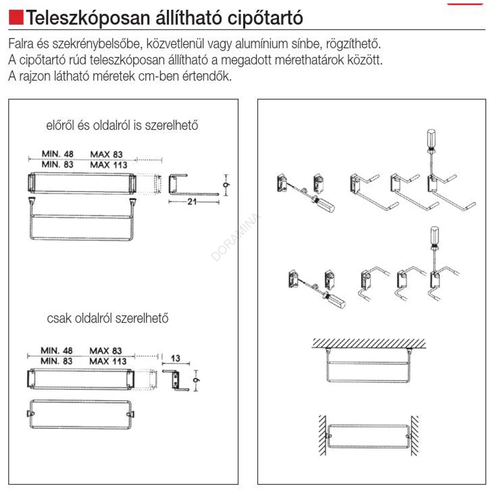 Kép 2/2 - CIPŐTARTÓ 115/A OLDALRÓL SZERELHETŐ 480-830 mm KRÓM