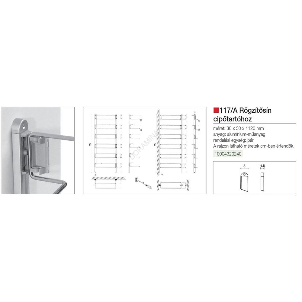 Kép 2/2 - CIPŐTARTÓ 117/A RÖGZÍTŐSÍN 30x30x1120 mm ALUMÍNIUM
