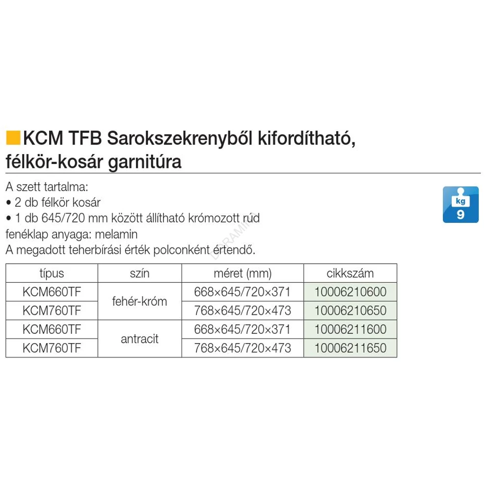 Kép 2/2 - BELSŐ FÉMRÁCS KCM760TF FÉLKÖR KOSÁR GARNITÚRA 768×645/720×473mm ANTRACIT