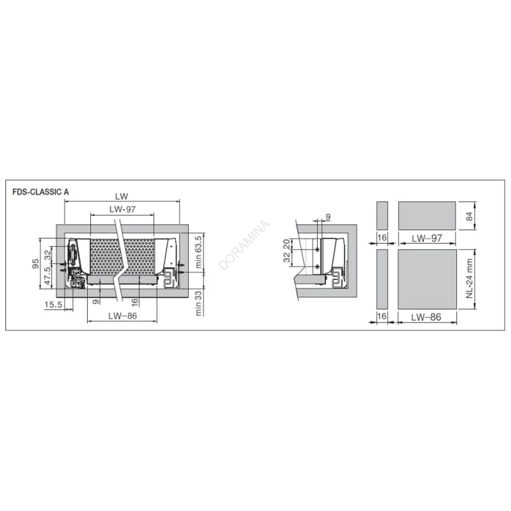 Kép 2/3 - FDS DUPLAFALÚ FÉM FIÓKOLDAL FDS-CLASSIC PO A PUSH OPEN  350mm H84 40kg FEHÉR Metszeti kép
