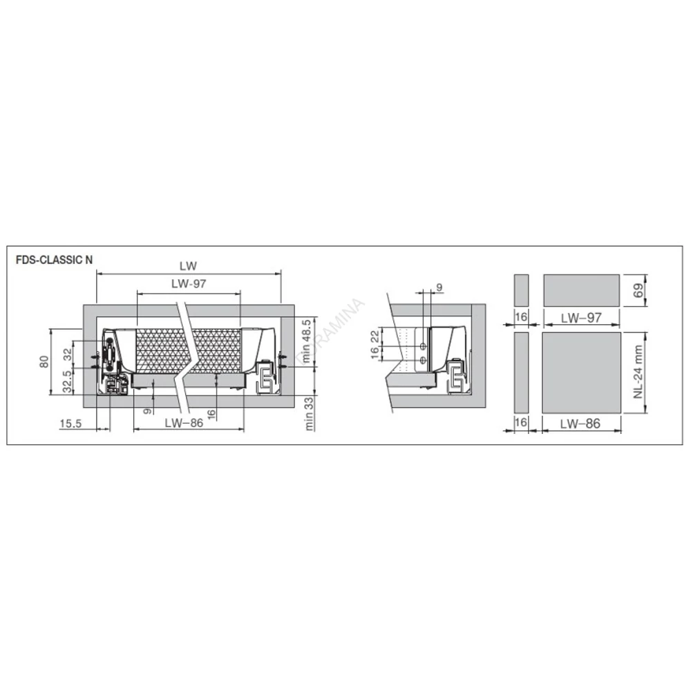 Kép 2/4 - FDS DUPLAFALÚ FÉM FIÓKOLDAL FDS-CLASSIC N 500mm H69 40kg ANTRACIT Metszeti kép