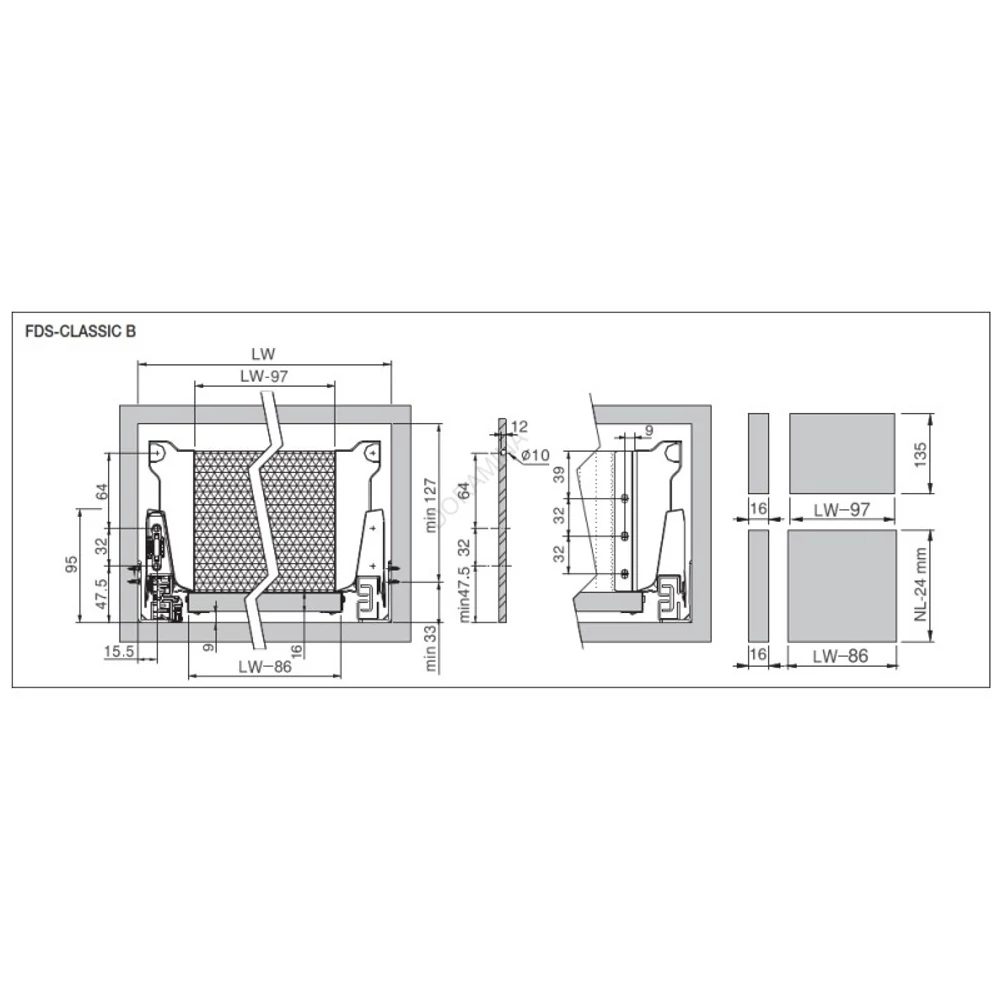 Kép 2/3 - FDS DUPLAFALÚ FÉM FIÓKOLDAL FDS-CLASSIC PO B PUSH OPEN  550mm H146 40kg ANTRACIT Metszeti kép