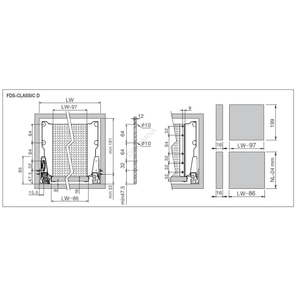 Kép 2/3 - FDS DUPLAFALÚ FÉM FIÓKOLDAL FDS-CLASSIC PO D PUSH OPEN  550mm H210 40kg ANTRACIT Metszeti kép