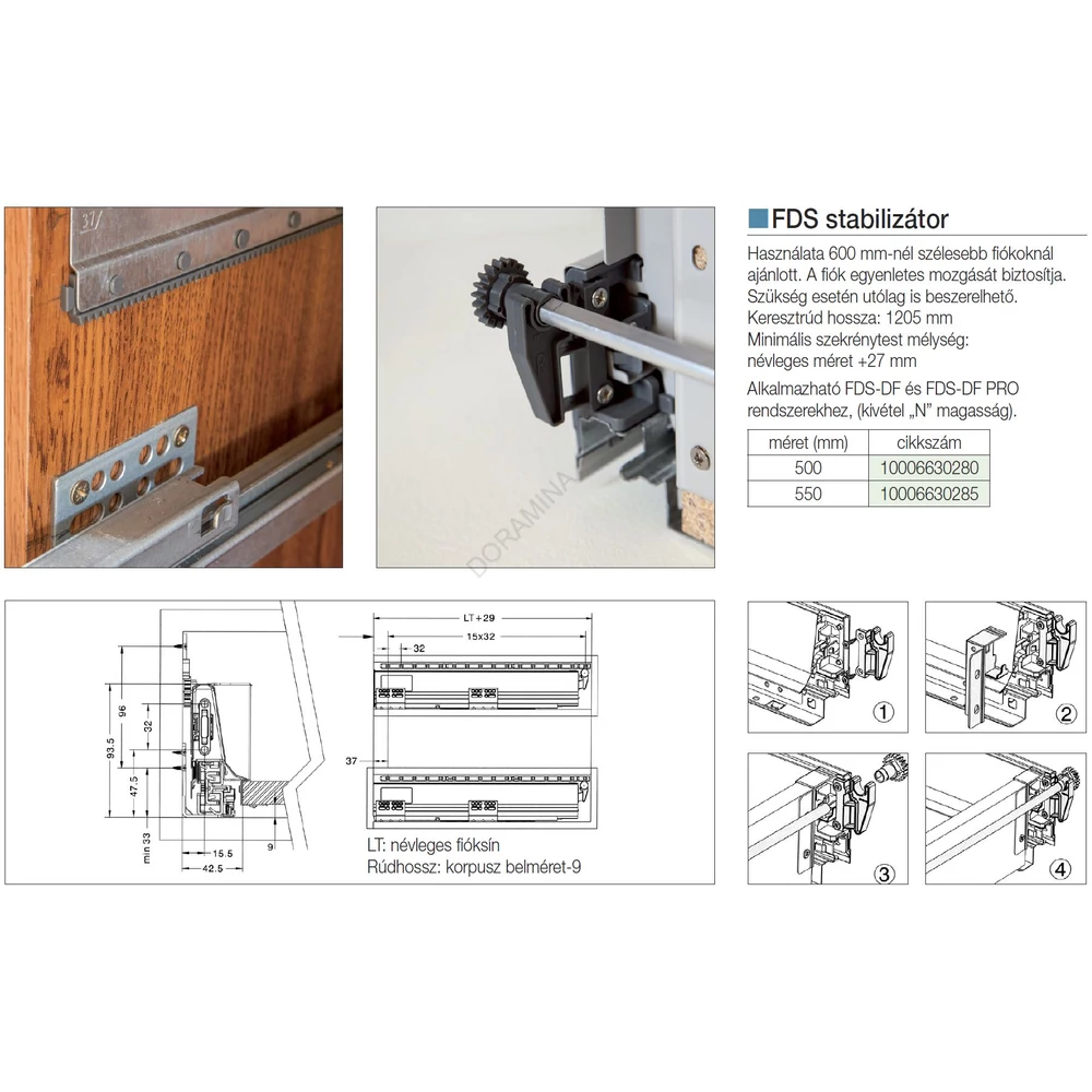 Kép 2/2 - FDS DUPLAFALÚ FÉM FIÓKOLDAL FDS STABILIZÁTOR 500mm ACÉL