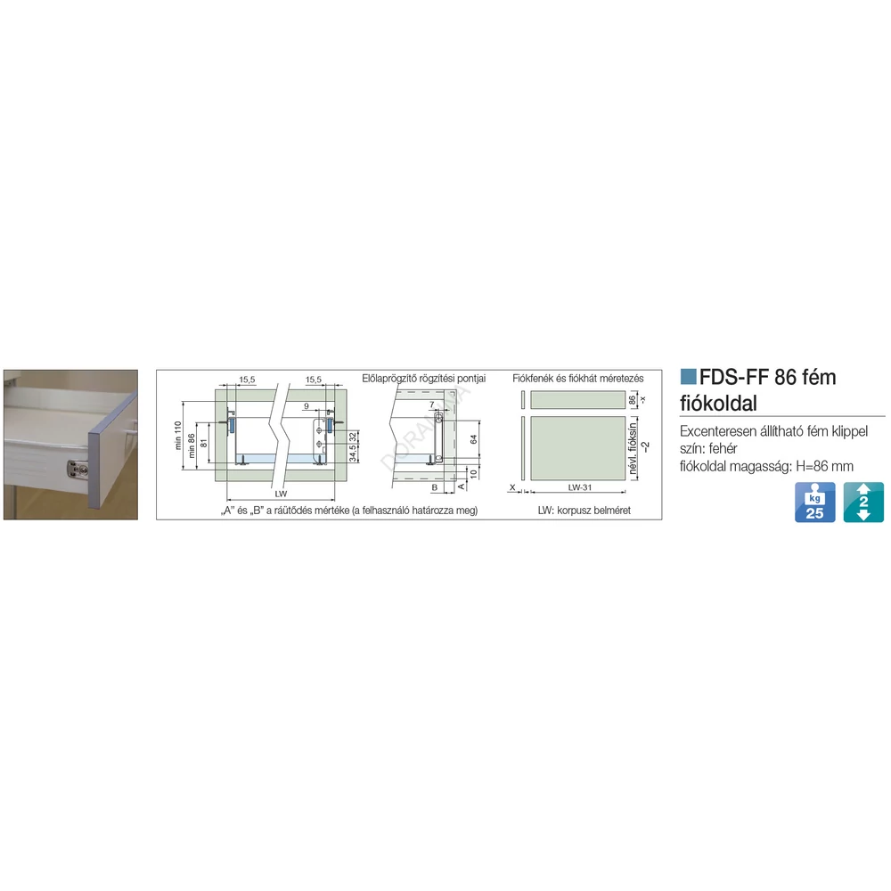 Kép 2/2 - FÉM FIÓKOLDAL FDS-FF 86x400mm FEHÉR