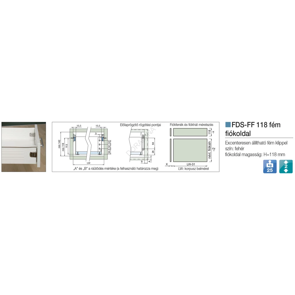 Kép 2/2 - FÉM FIÓKOLDAL FDS-FF 118x450mm FEHÉR