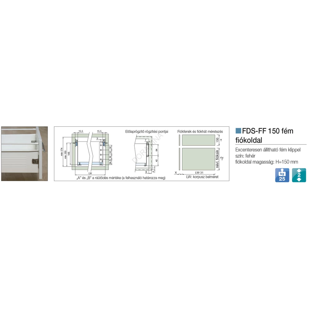 Kép 2/2 - FÉM FIÓKOLDAL FDS-FF 150x350mm FEHÉR