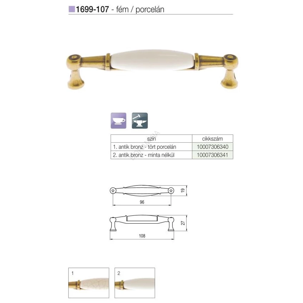Kép 2/2 - BÚTORFOGANTYÚ 1699-107 96 ANTIKOLT BRONZ-TÖRT FEHÉR