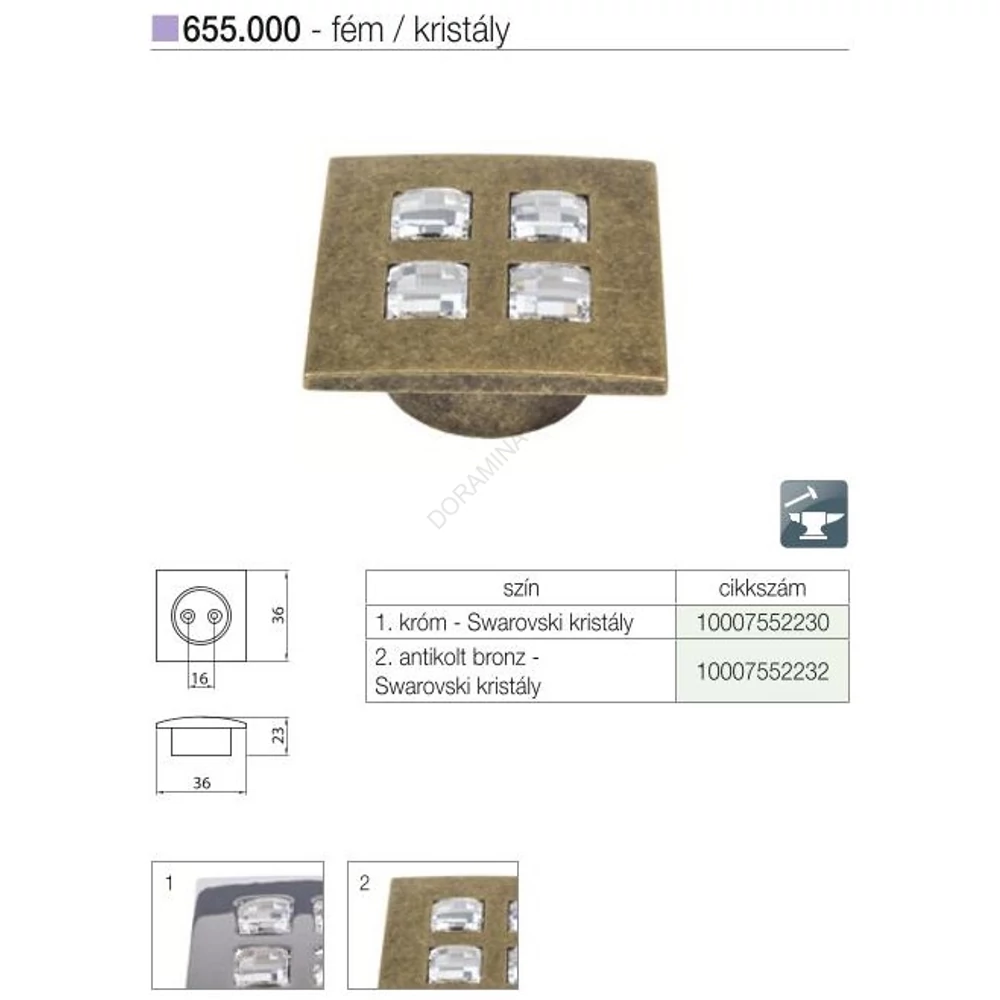 Kép 2/2 - BÚTORFOGANTYÚ 655.000.KRD1 . ANTIKOLT BRONZ-SWAROVSKI KRISTÁLY