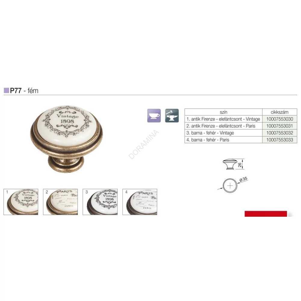 Kép 2/2 - BÚTORFOGANTYÚ P77.01.Q4.D1G GOMB, 35MM ANTIK FIRENZE PARIS