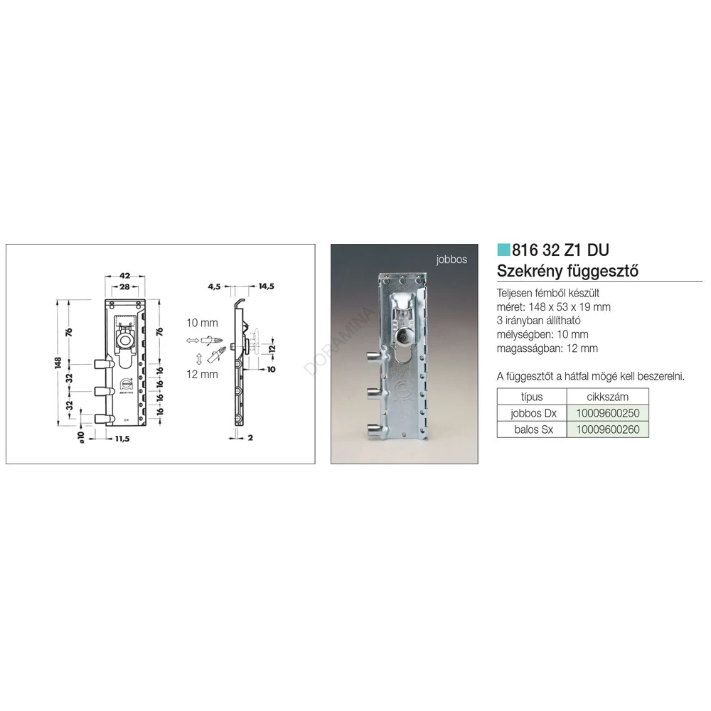 Kép 2/2 - SZEKRÉNY FÜGGESZTŐ 816-OS VASALAT JOBBOS 148×53,5×19 mm HORGANYZOTT