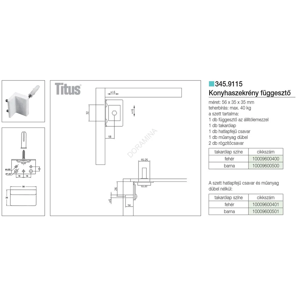 Kép 2/2 - SZEKRÉNY FÜGGESZTŐ 345-ÖS VASALAT TIPLIVEL 52×35×32 mm FEHÉR