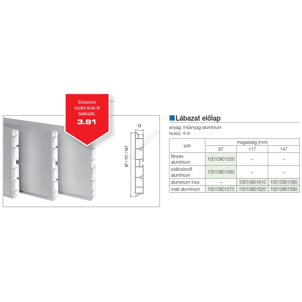 Kép 2/2 - LÁBAZATELEM ELŐLAP H: 120 mm L: 4 fm MATT ALUMÍNIUM