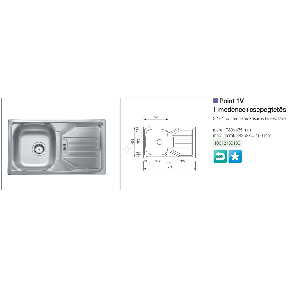 Kép 2/2 - CM MOSOGATÓ POINT 1 MEDENCE+CSEPEGTETŐ 780x435mm ACÉL