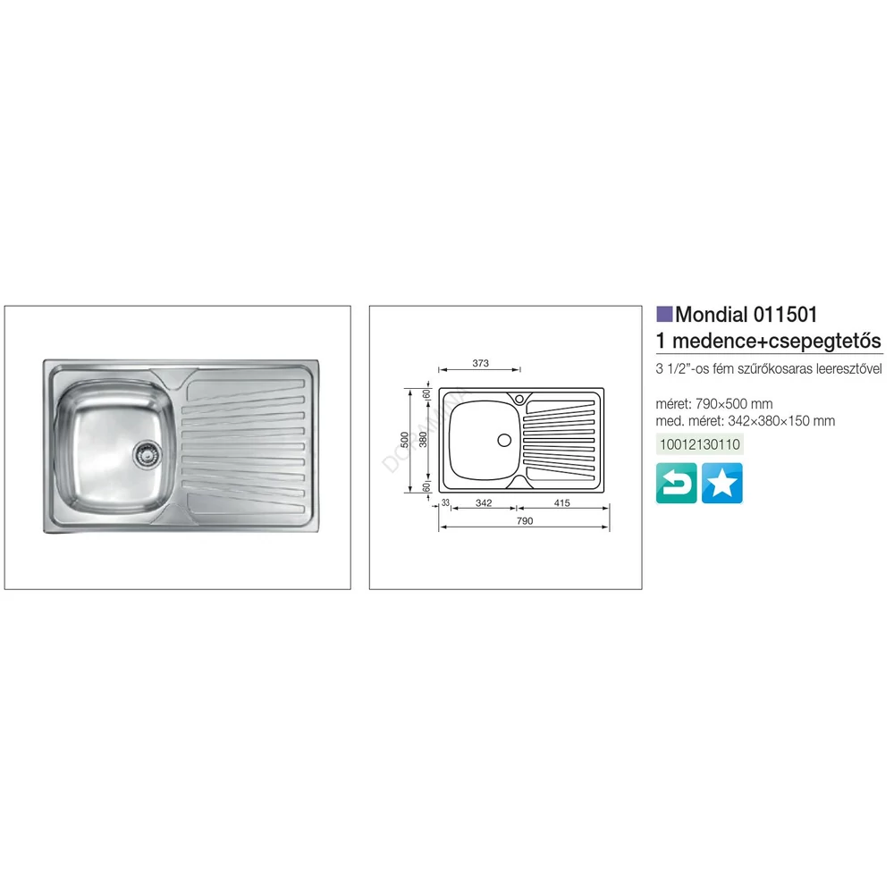 Kép 2/2 - CM MOSOGATÓ MONDIAL 1 MEDENCE+CSEPEGTETŐ 790x500mm ACÉL
