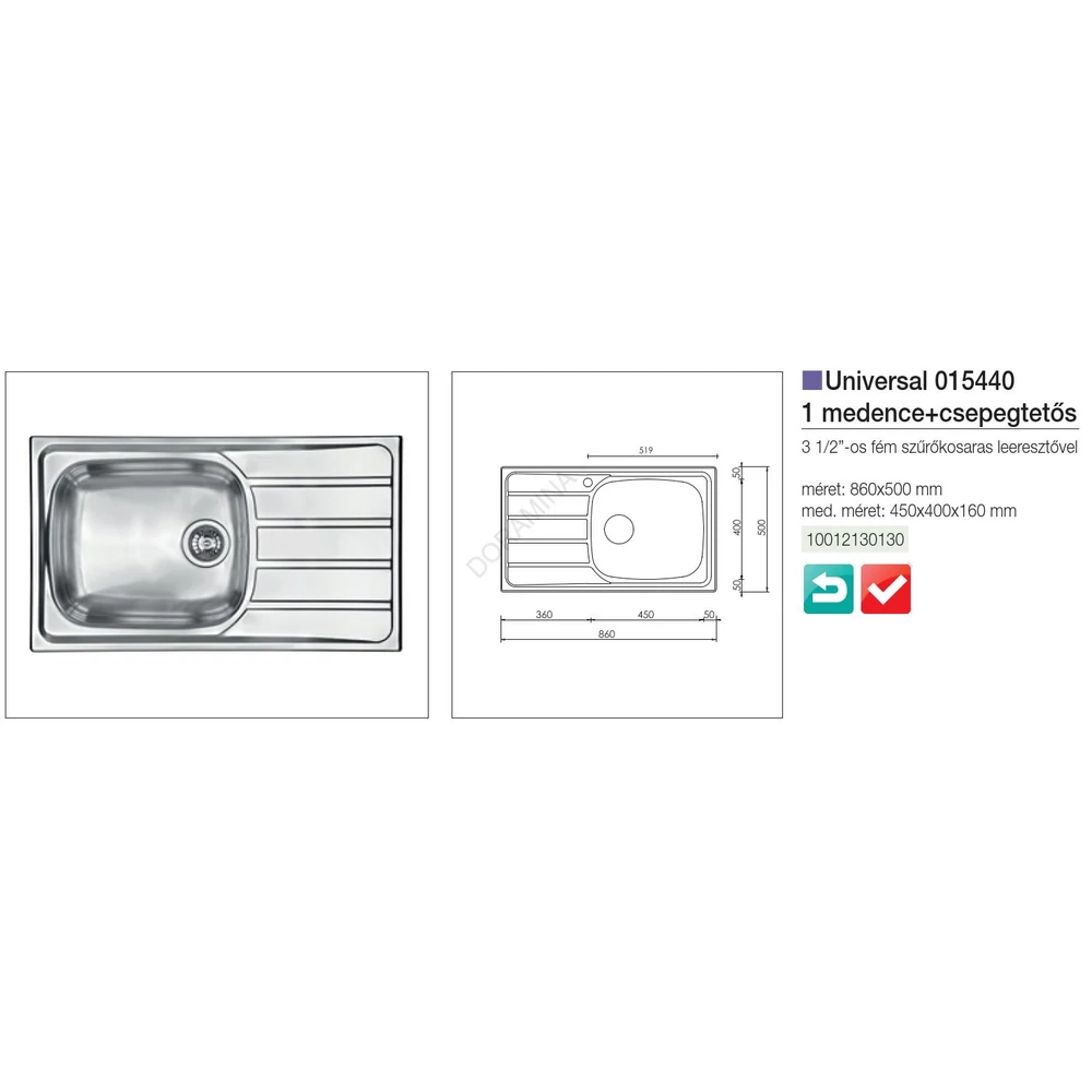 Kép 2/2 - CM MOSOGATÓ UNIVERSAL 1 MEDENCE+CSEPEGTETŐ 860x500mm ACÉL