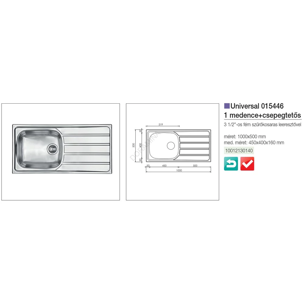 Kép 2/2 - CM MOSOGATÓ UNIVERSAL 1 MEDENCE+CSEPEGTETŐ 1000x500mm ACÉL