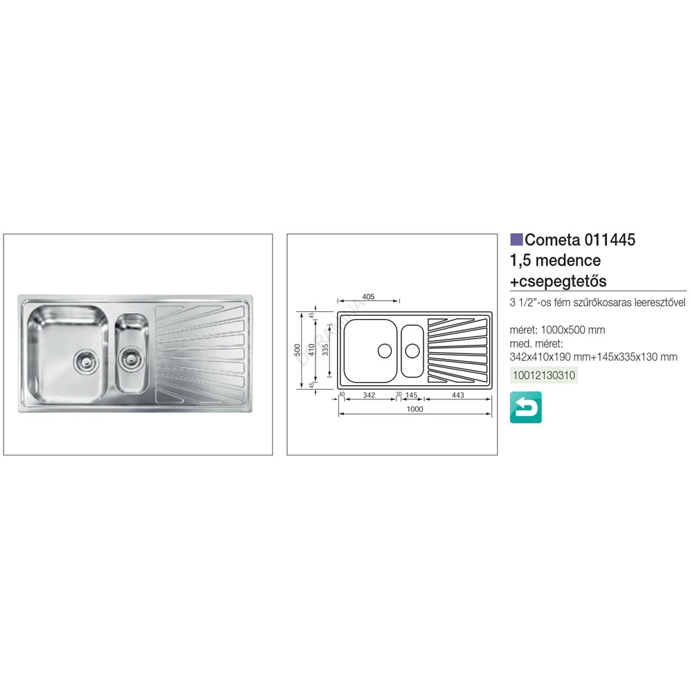Kép 2/2 - CM MOSOGATÓ COMETA 1,5 MEDENCE+CSEPEGTETŐ 1000x500mm ACÉL