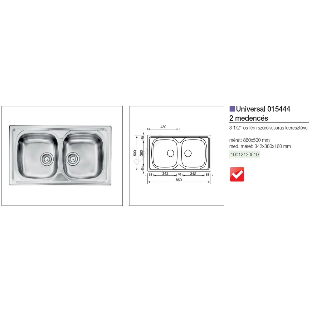 Kép 2/2 - CM MOSOGATÓ UNIVERSAL 2 MEDENCE 860x500mm ACÉL