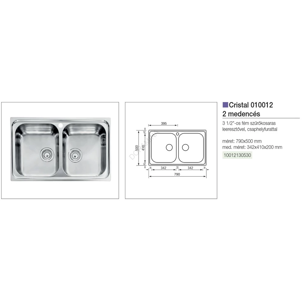 Kép 2/2 - CM MOSOGATÓ CRISTAL 2 MEDENCE 790x500mm ACÉL