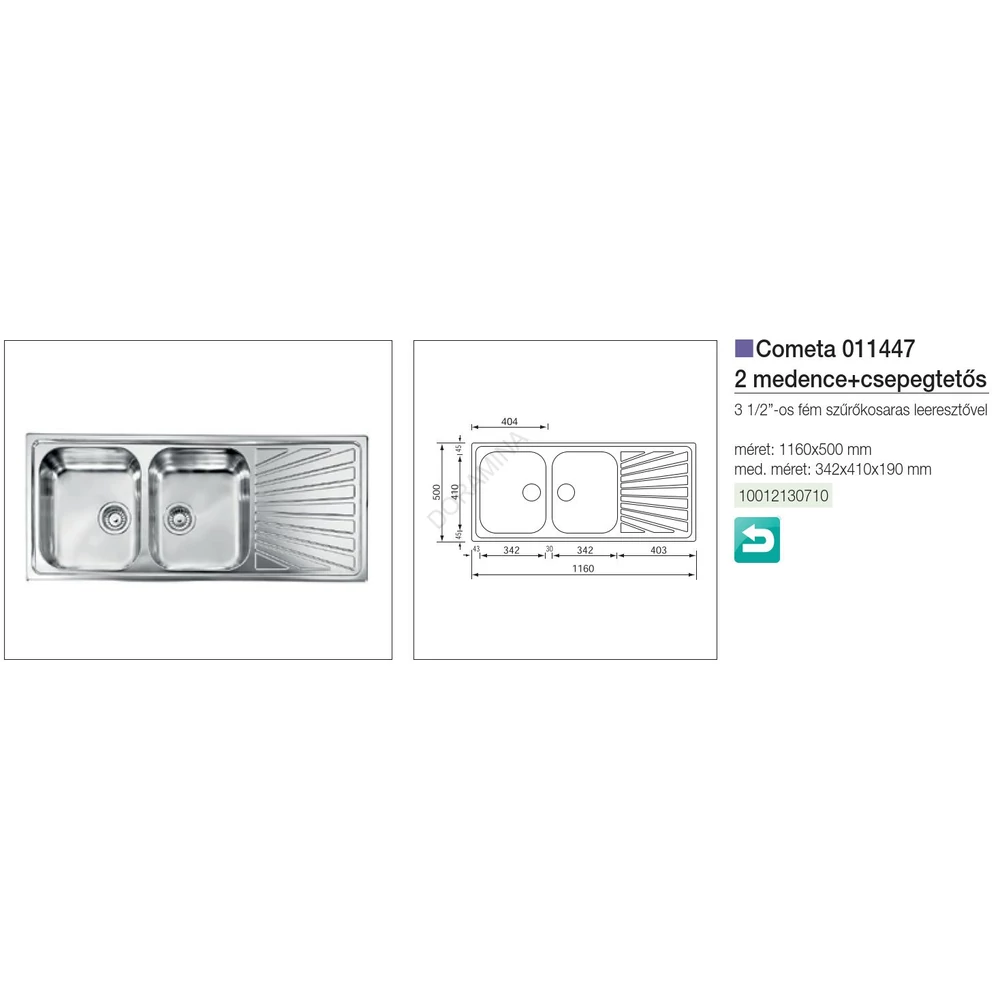 Kép 2/2 - CM MOSOGATÓ COMETA 2 MEDENCE+CSEPEGTETŐ 1160x500mm ACÉL