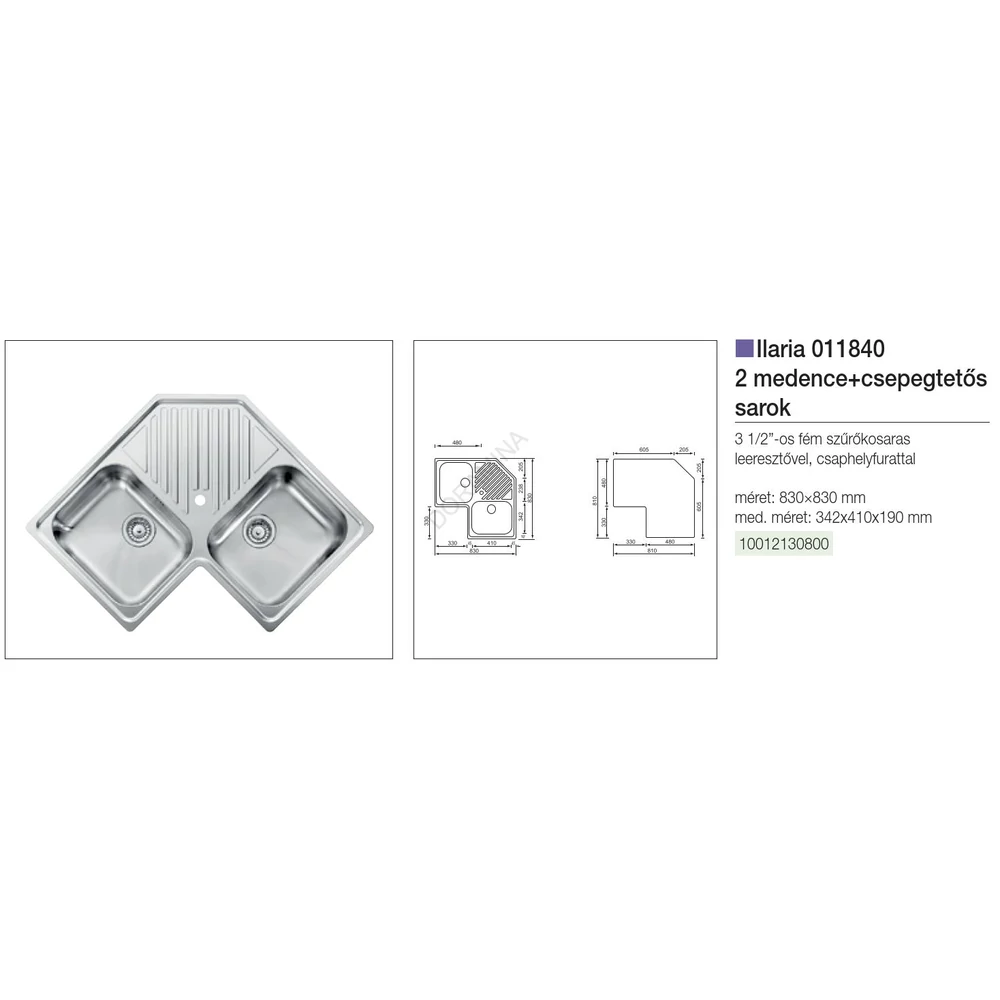 Kép 2/2 - CM MOSOGATÓ ILARIA 2 MEDENCE SAROK 830x830mm ACÉL