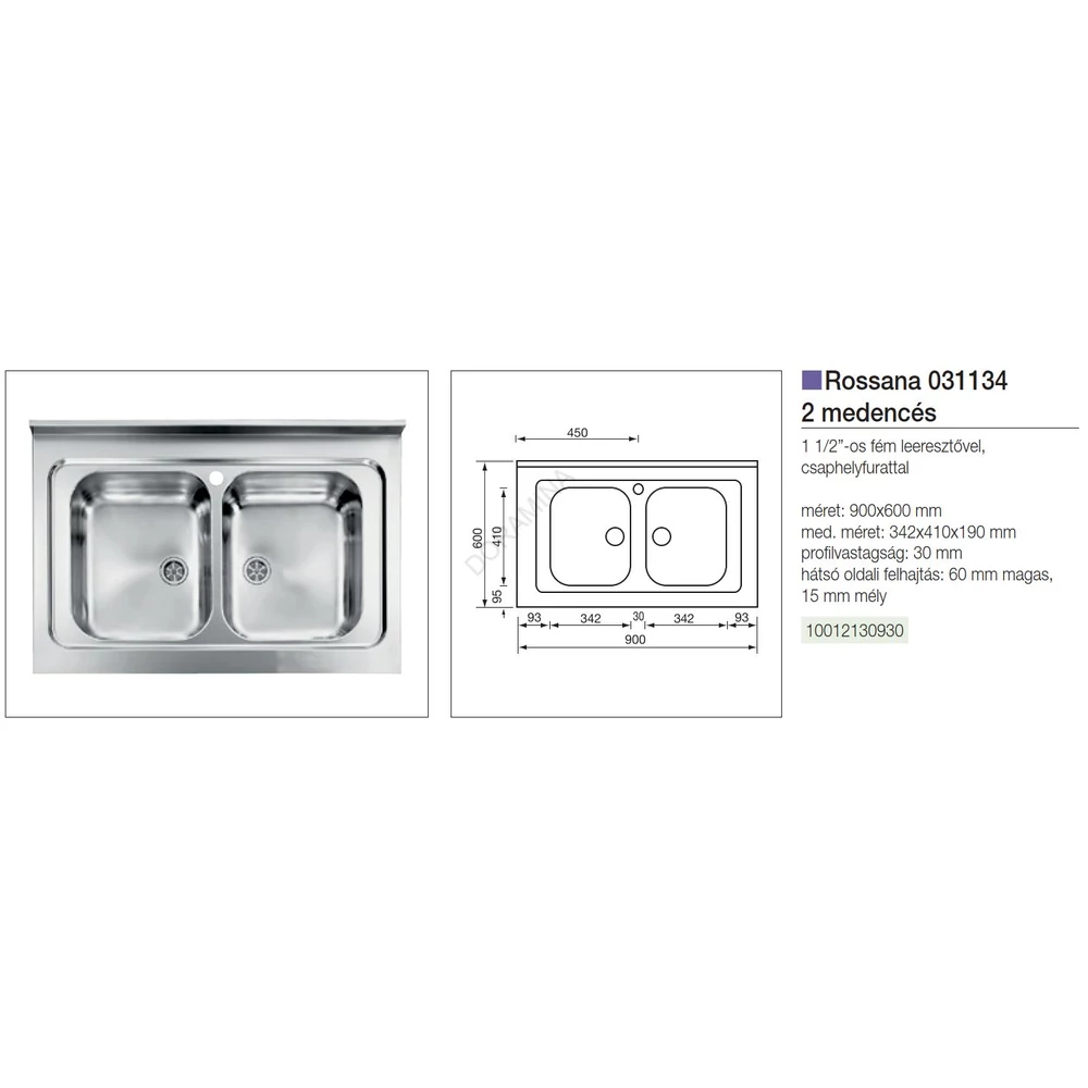 Kép 2/2 - CM MOSOGATÓ ROSSANA TELETETŐS 2 MEDENCE 900x600mm ACÉL