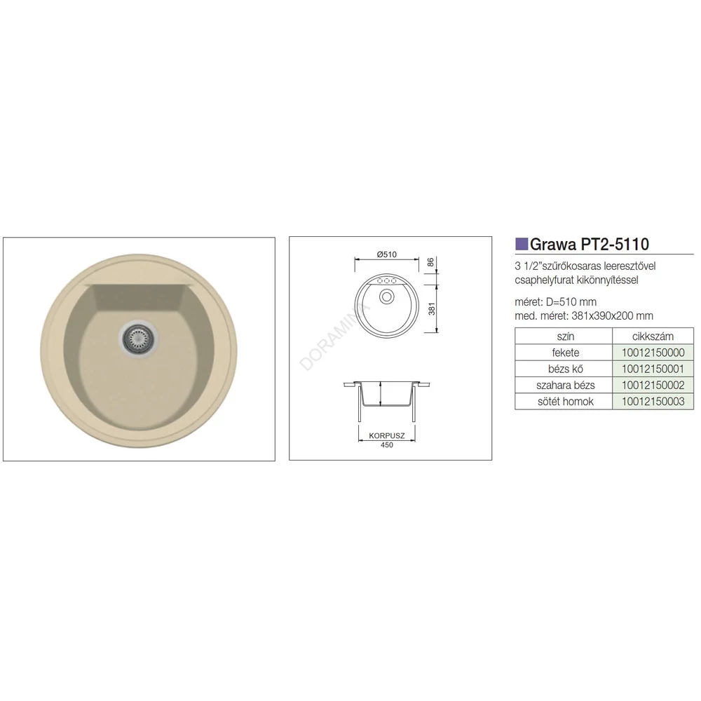 Kép 2/3 - GRAWA GRÁNIT MOSOGATÓ GRAWA PT2-5110A ÁTM: 510mm BEIGE