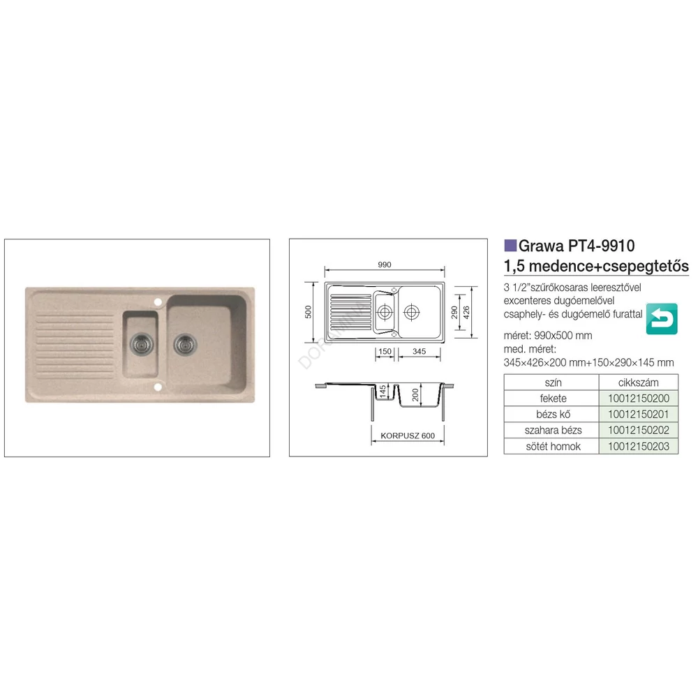 Kép 2/3 - GRAWA GRÁNIT MOSOGATÓ GRAWA PT4-9910S 990x500mm SZAHARA