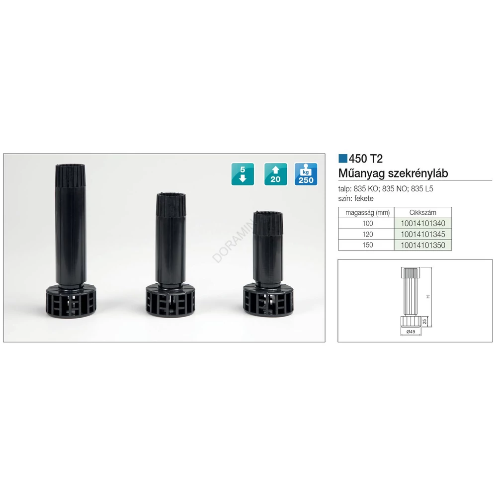 Kép 2/2 - MŰANYAG SZEKRÉNYLÁB 450/120 T2 LÁB TALP NÉLKÜLI 120 mm FEKETE
