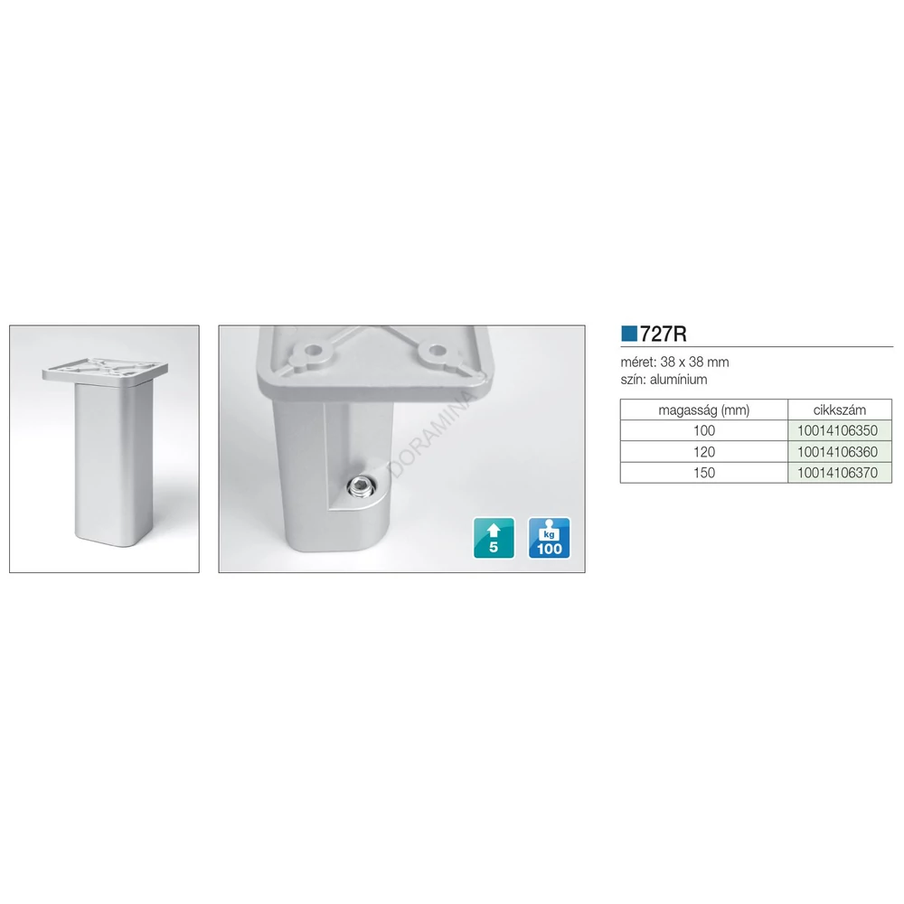 Kép 2/2 - MŰANYAG DESIGN LÁB ART727/R H=100mm ALUMÍNIUM