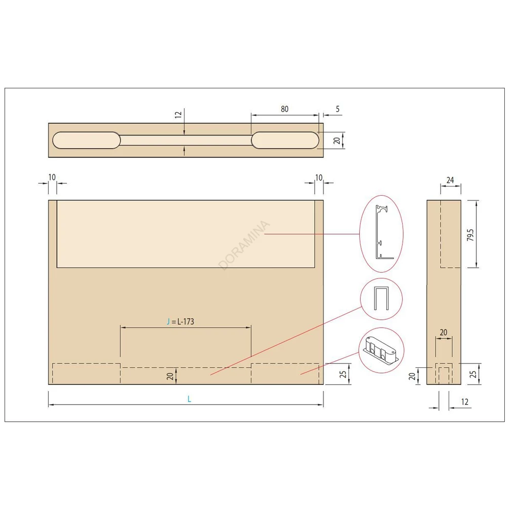 Kép 5/6 - BELTÉRI TOLÓAJTÓhoz HIDDEN rejtett SÍN 1800-1150 és REJTETT görgő szett 1150mm, teherbírás 80kg