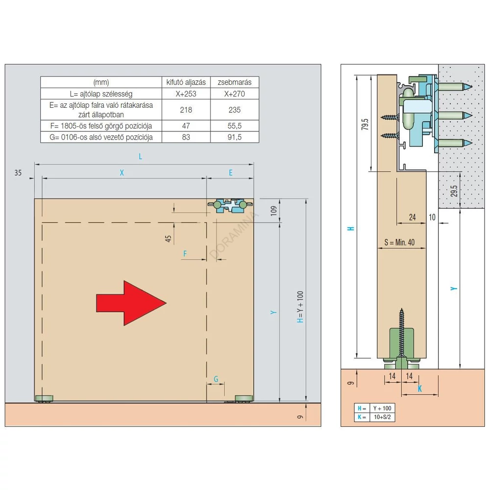 Kép 6/6 - BELTÉRI TOLÓAJTÓhoz HIDDEN rejtett SÍN 1800-1150 és REJTETT görgő szett 1150mm, teherbírás 80kg