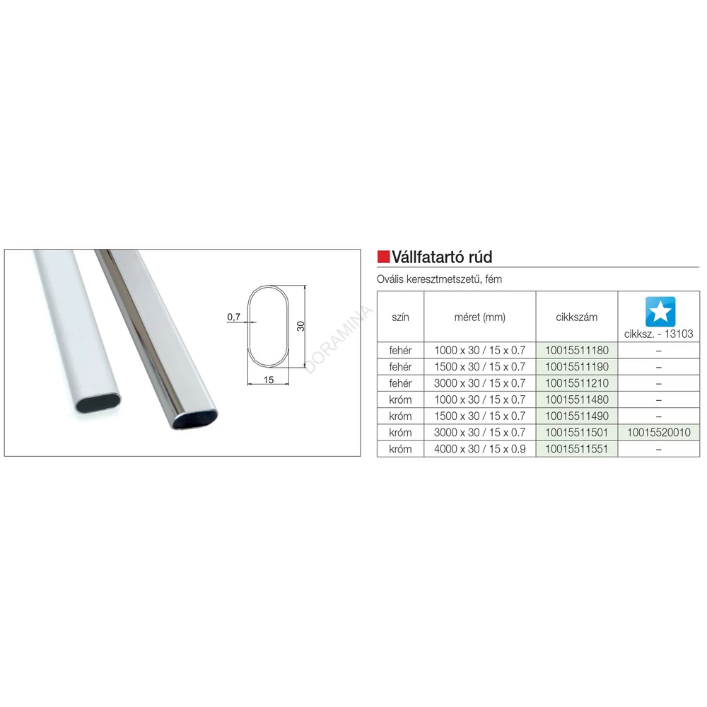 Kép 2/2 - VÁLLFATARTÓ RÚD OVÁLIS 1000x30x15/0,7 mm FEHÉR