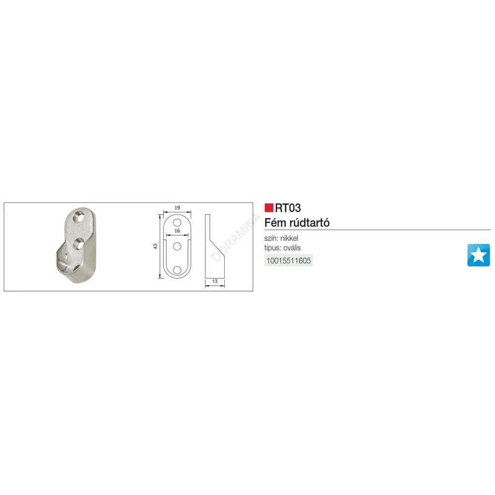 Kép 2/2 - VÁLLFATARTÓ RÚD RÚDTARTO RT03 OVÁLIS RÚDHOZ 43x19mm NIKKEL