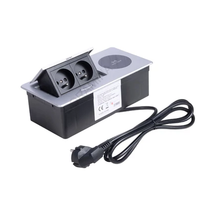 IRODABÚTOR TARTOZÉKOK KONNEKTOR ELOSZTÓ MODULBOX II - 2×230V + 15W VEZ. NÉLK. TÖLT. ALUMINIUM